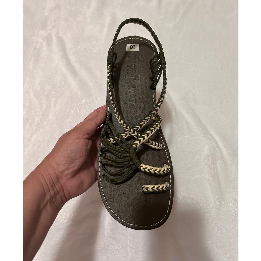 Plaka Flat Sandals for Women Braided Palm Leaf Teal & Moss Green, Size 10 - Picture 3 of 7